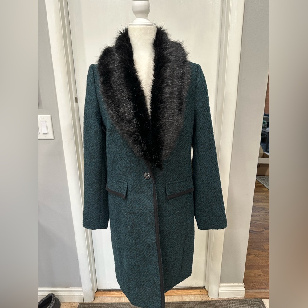 Banana Republic Teal Wool Coat with Black Faux Fur Collar Size S